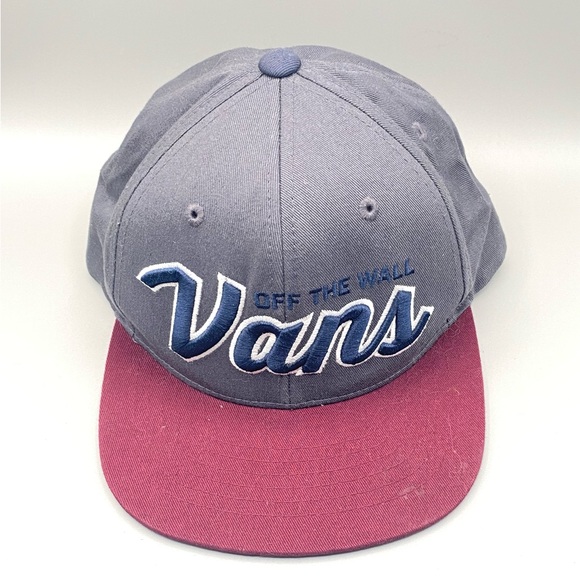 Vans Off The Wall Flat Brim Grey / Burgundy / Blue Script SnapBack Hat - Picture 11 of 11